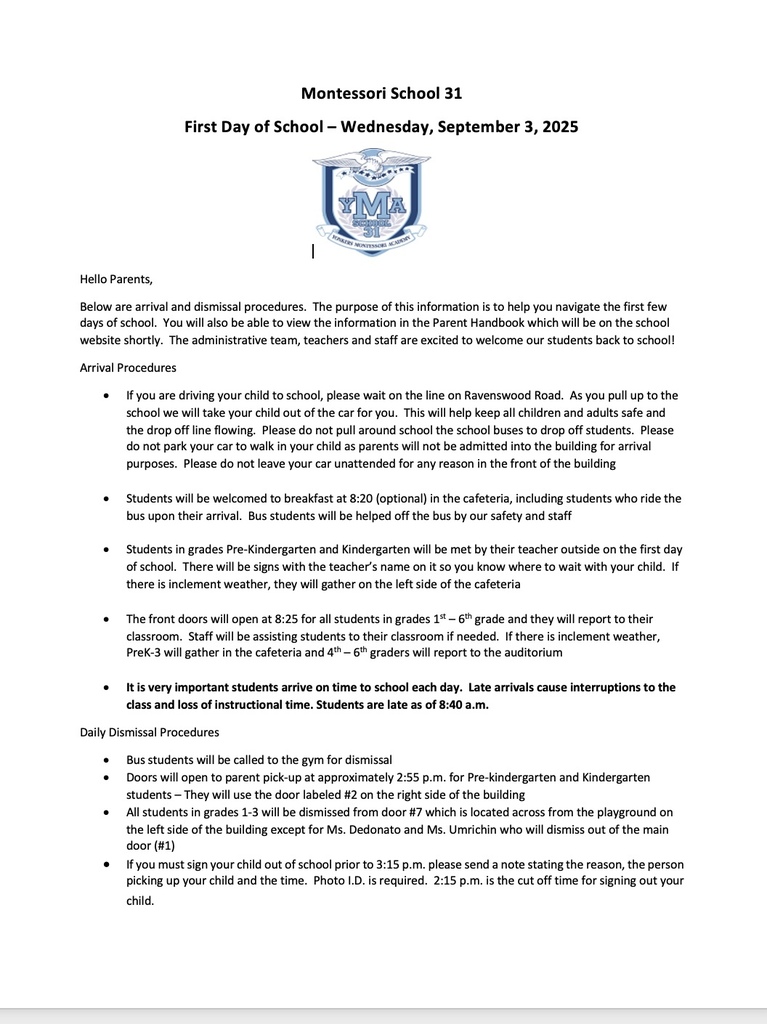 FIRST DAY SCHOOL PROCEDURES