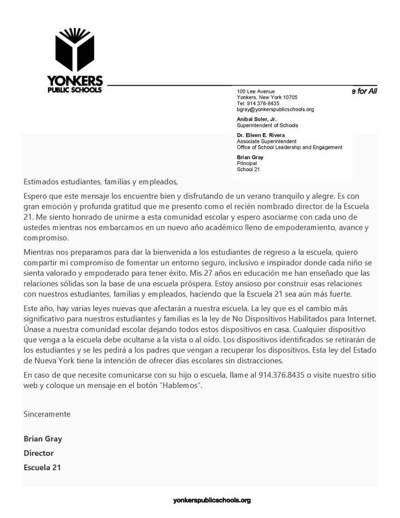 Principal's Welcome Letter 2025 (Spanish)