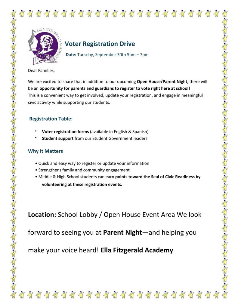 Voter Registration Drive Open House Flyer Ella Fitzgerald Academy 2025-2026