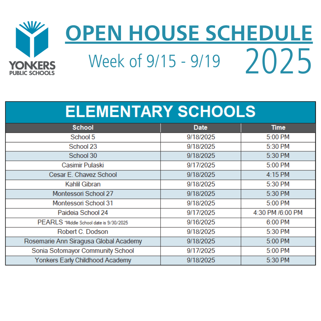9/15 - 9/19 Open House Schedule for Elementary Schools