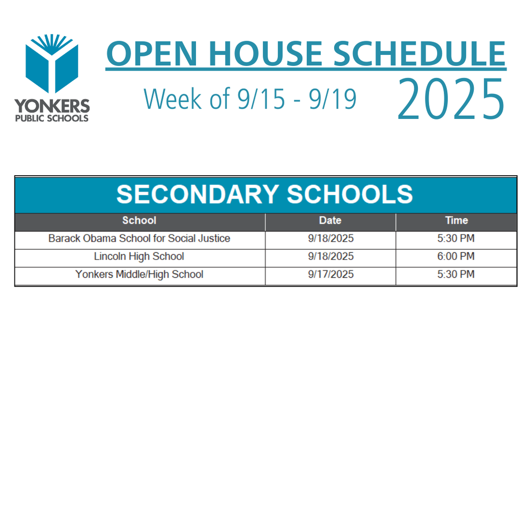 9/15 - 9/19 Open House Schedule for Secondary Schools