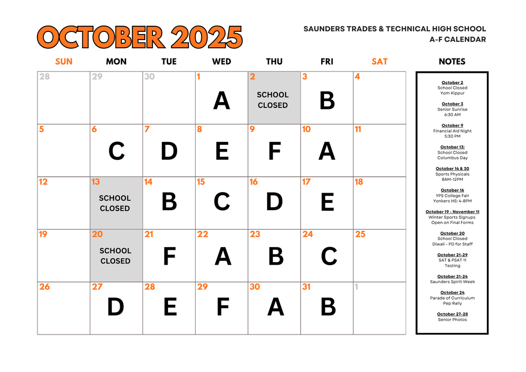 Oct 2025 A-F Calendar