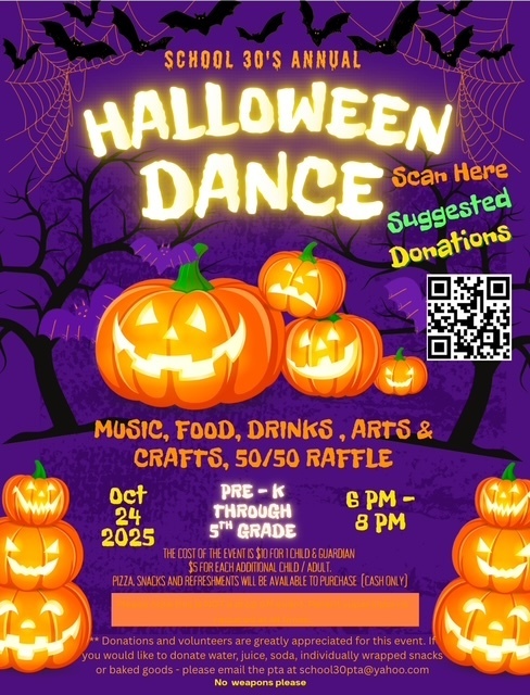 PTA Flyer for Halloween Dance, October 24, 6-8 PM, Grades Pre-K through 5