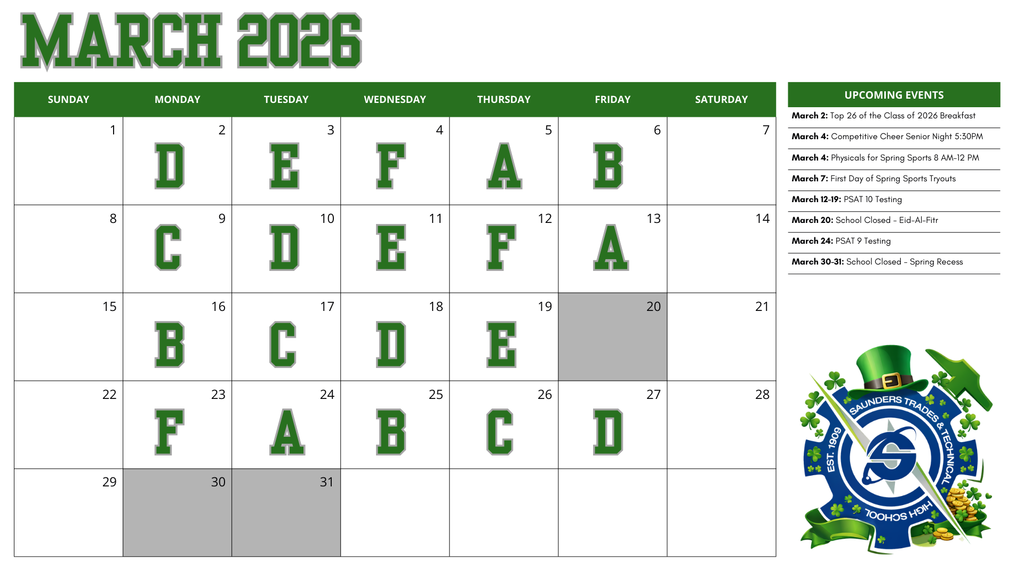 March 2026 A-F Calendar