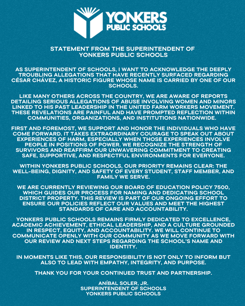 Statement from the Superintendent of Yonkers Public Schools