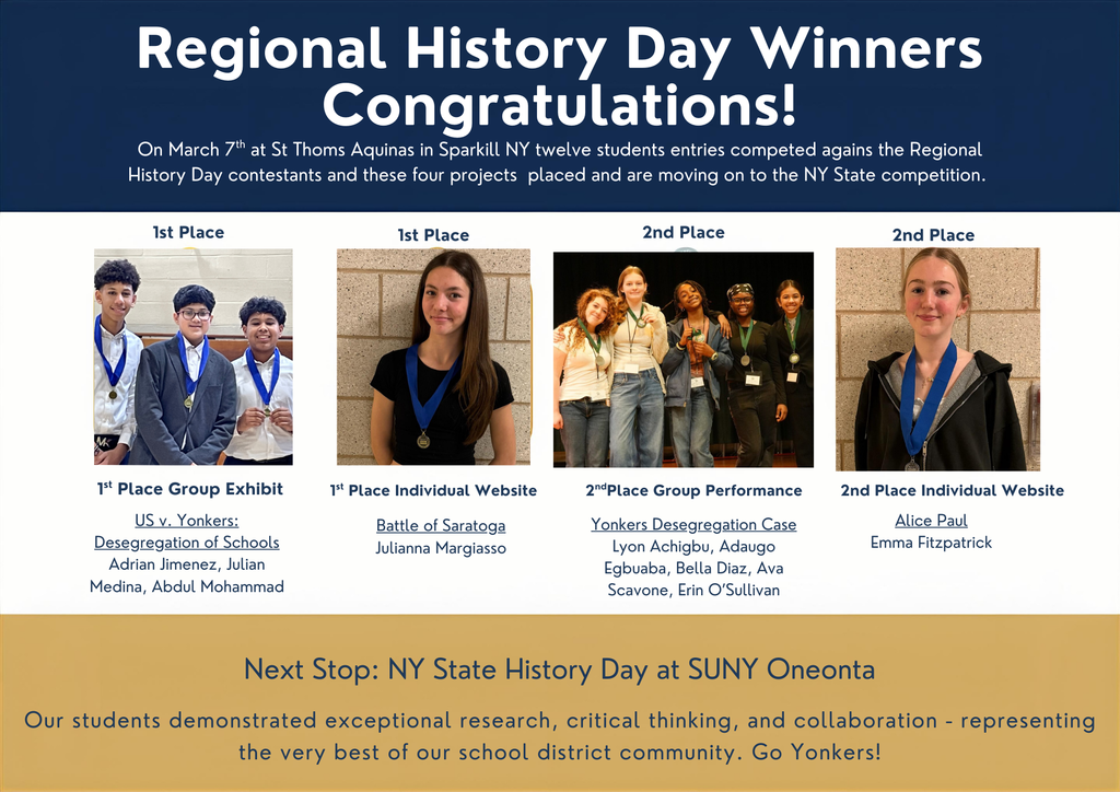 Yonkers Public Schools Regional History Day Winners - Congratulations! 