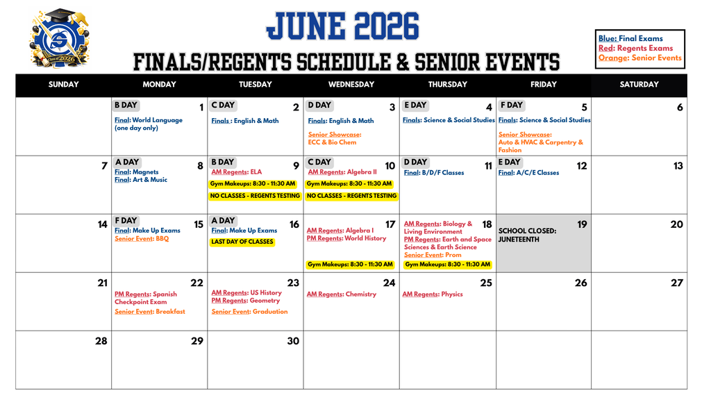 June 2026 Finals/Regents/Special Events Calendar