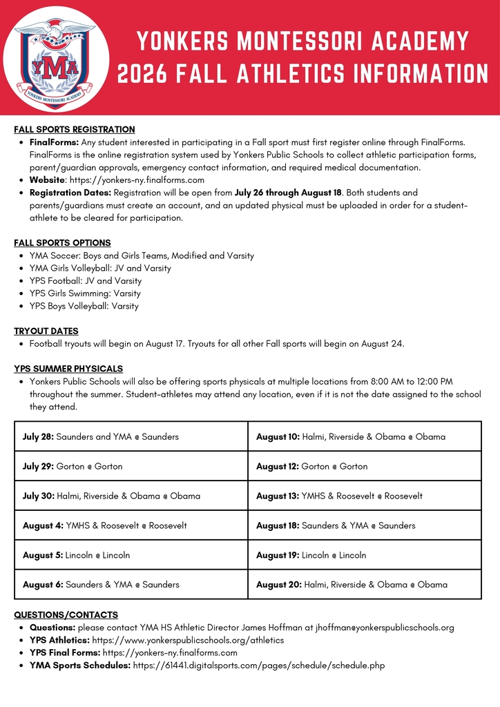 YMA Fall 2026 Interscholastic Sports Registration Information