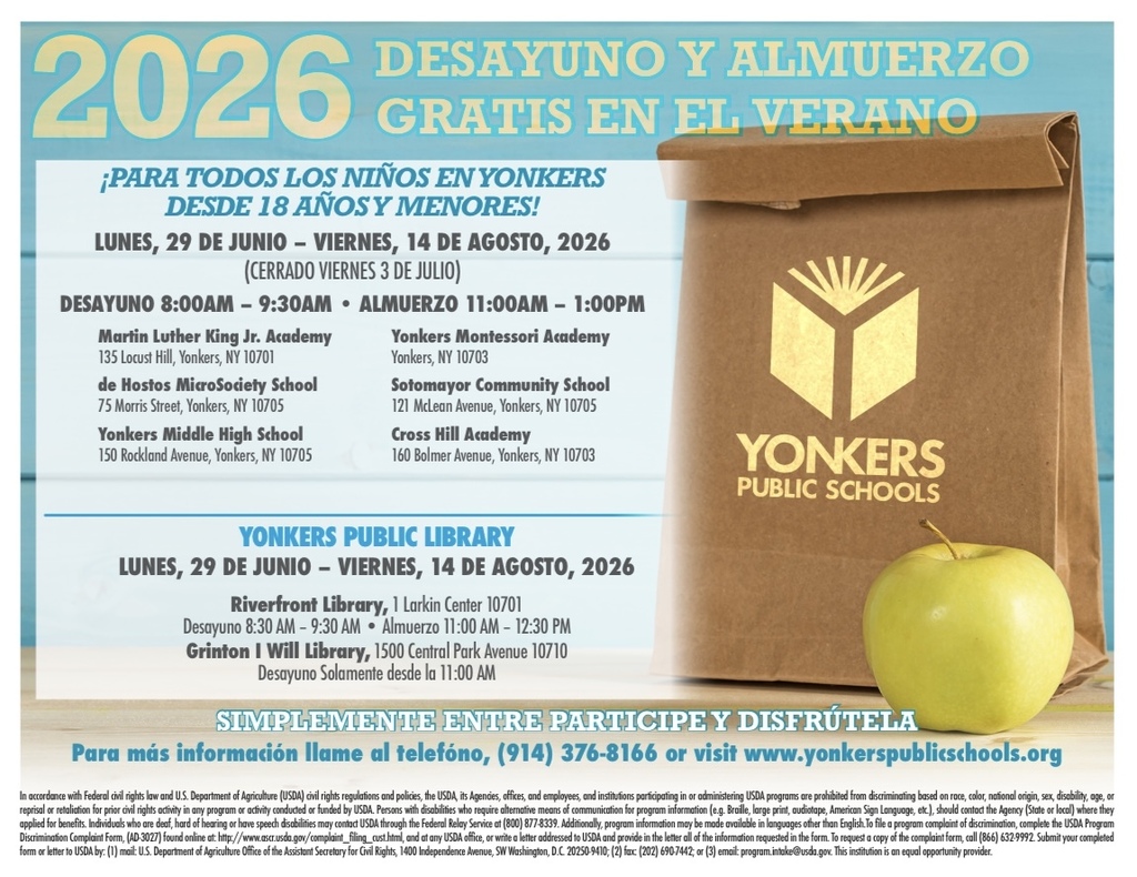 FREE Summer breakfast and lunch for all City of Yonkers children 18 and under resumes. Monday, June 26, 2026 Through Friday, August 14, 2026. #YonkersPublicSchools #YonkersMagic