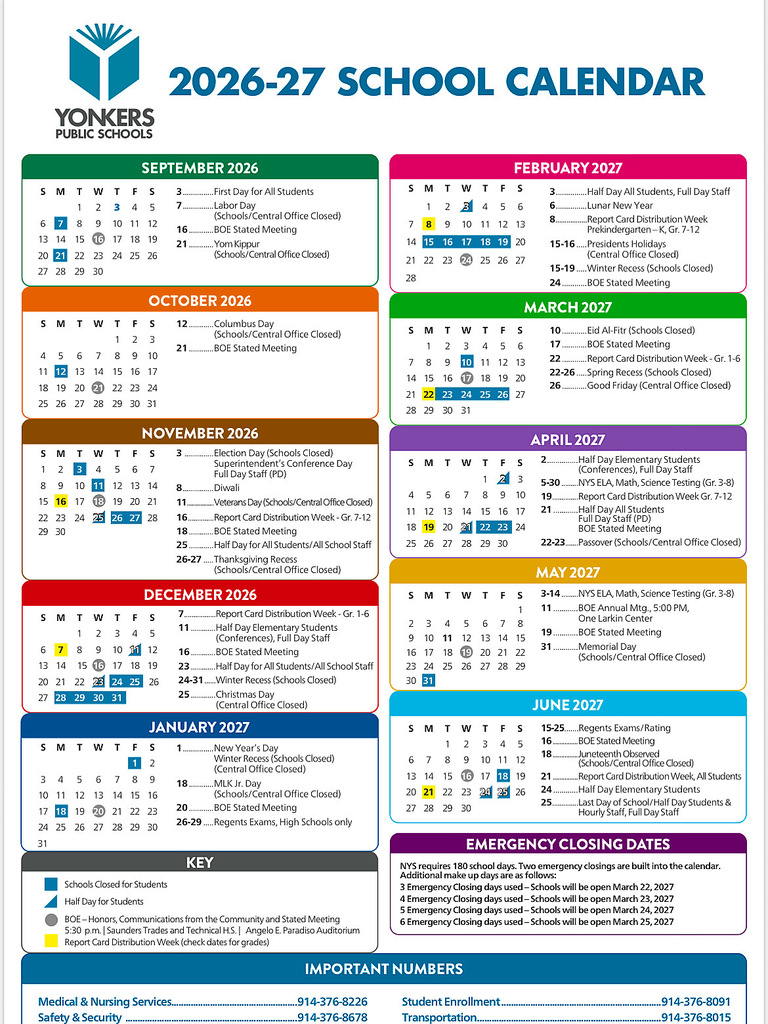Yonkers Public Schools 26-27 School Calendar