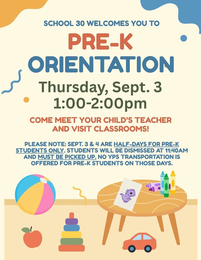 Flyer for Pre-K Orientation, Thursday, September 3, 1:00 - 2:00