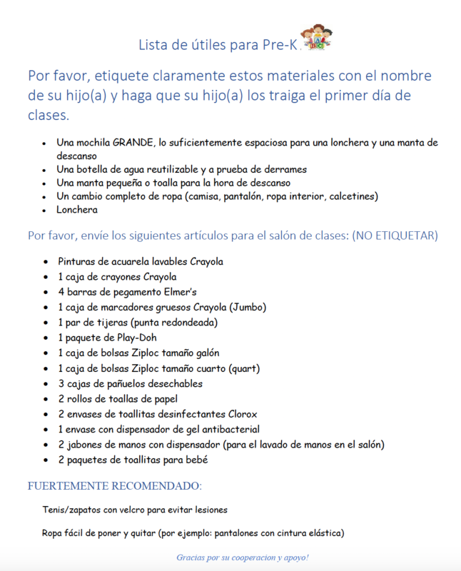Pre-K Supply List - Spanish