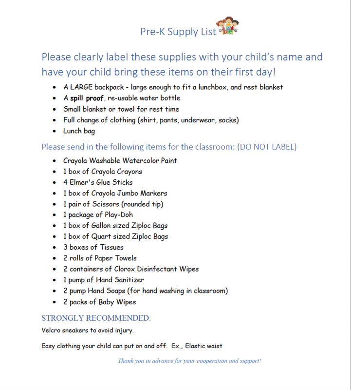 Pre-K Supply List - English