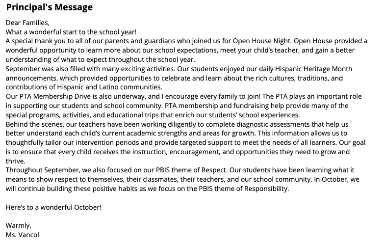 message from the principal: discusses open house, pta, and theme of the month