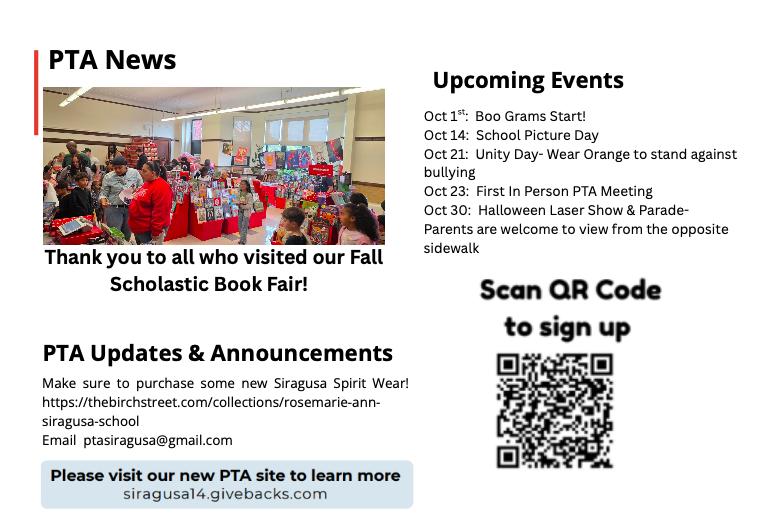 pta news: provides important dates and QR code to sign up