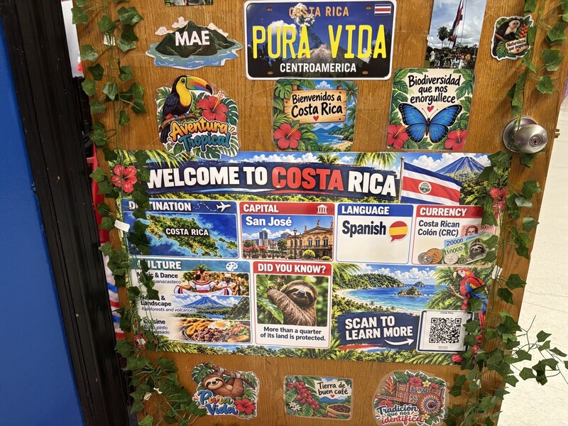 Classroom door with images of Costa Rica