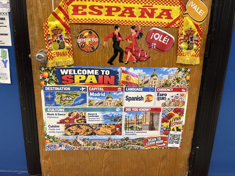 Classroom door with images of Spain