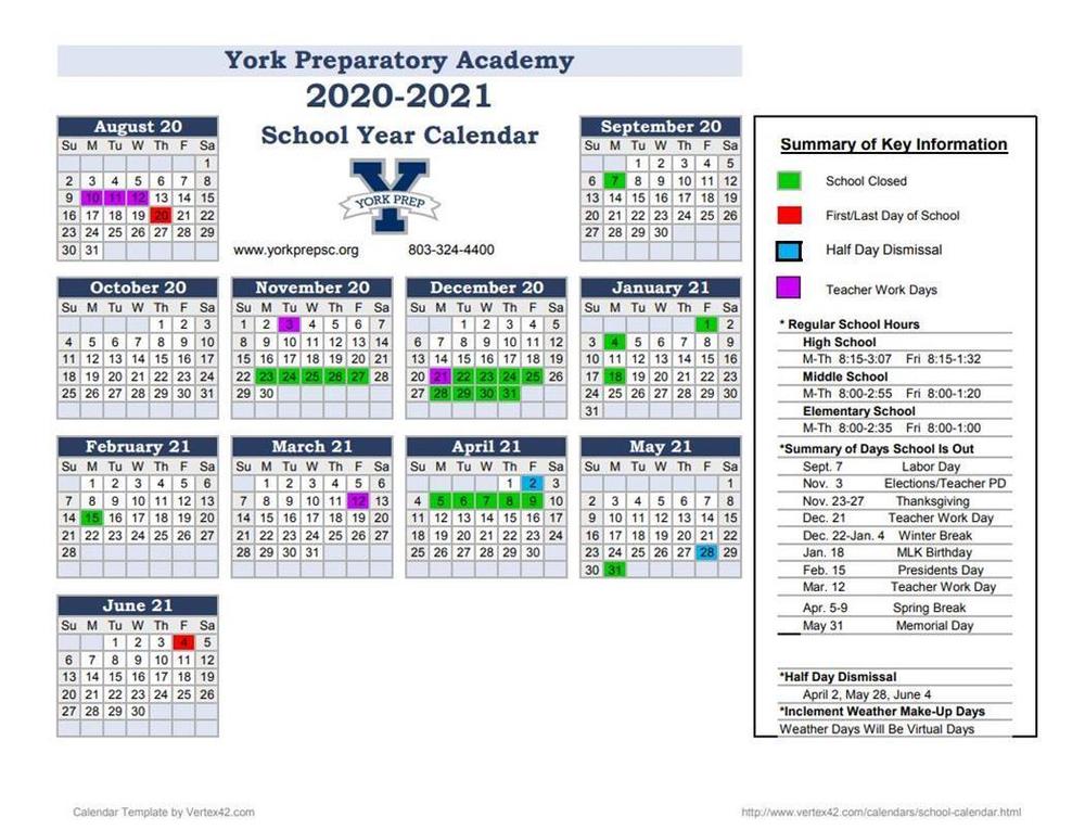 2020 Revised School Calendar | York Preparatory Academy