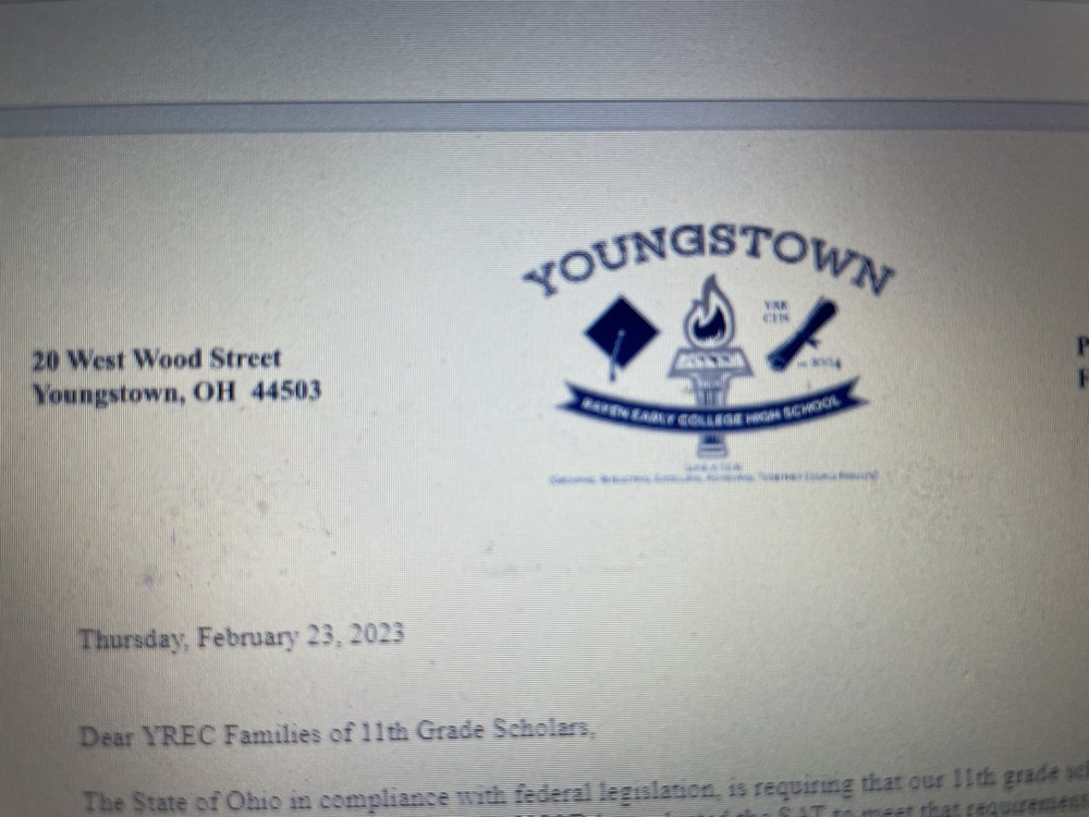 YREC SAT Testing Letter format | Youngstown Rayen Early College High School