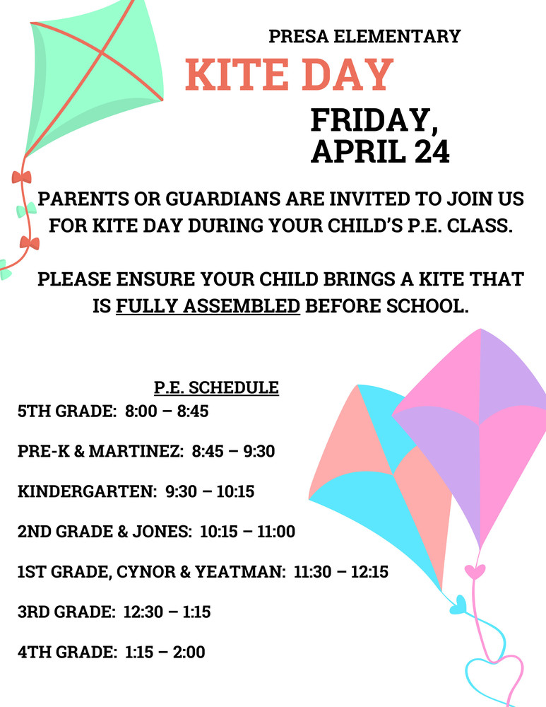 Kite Day flyer with times and grade levels