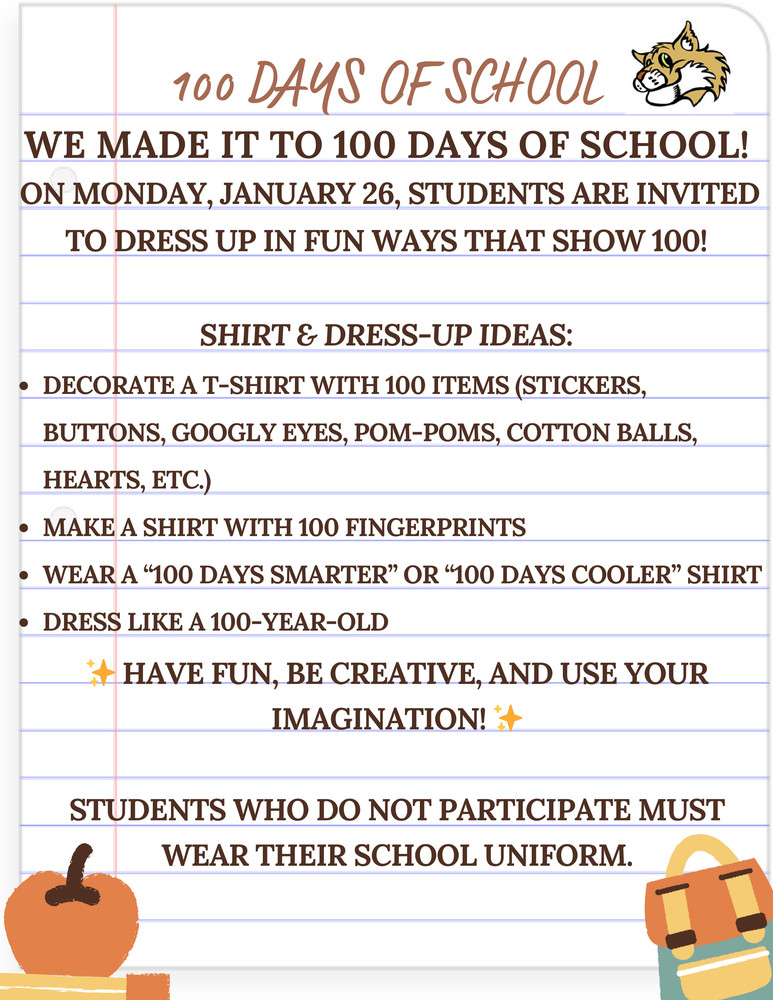 100 days of School Flyer in English with shirt and dress up ideas there is an orange apple on the bottom left and a orange and green backpack on the bottom right