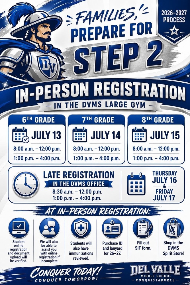 DVMS In Person Registration Information for the 2026-2027 School Year
