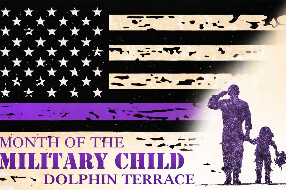 Image of the American flag with a purple stripe in honor of April Month of the Military Child, on the bottom right corner is an image of a soldier saluting shaded over in purple and black holding a child's hand.