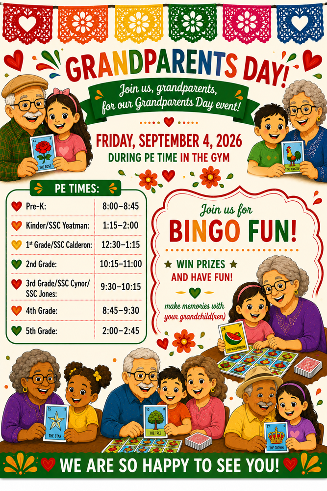 Colorful event flyer for Presa Elementary's Grandparents Day Bingo Fun on Friday, September 4, 2026, held in the gym during PE times. Illustrates smiling grandparents and children playing Lotería/Bingo cards, framed by festive Papel Picado banners and hearts.