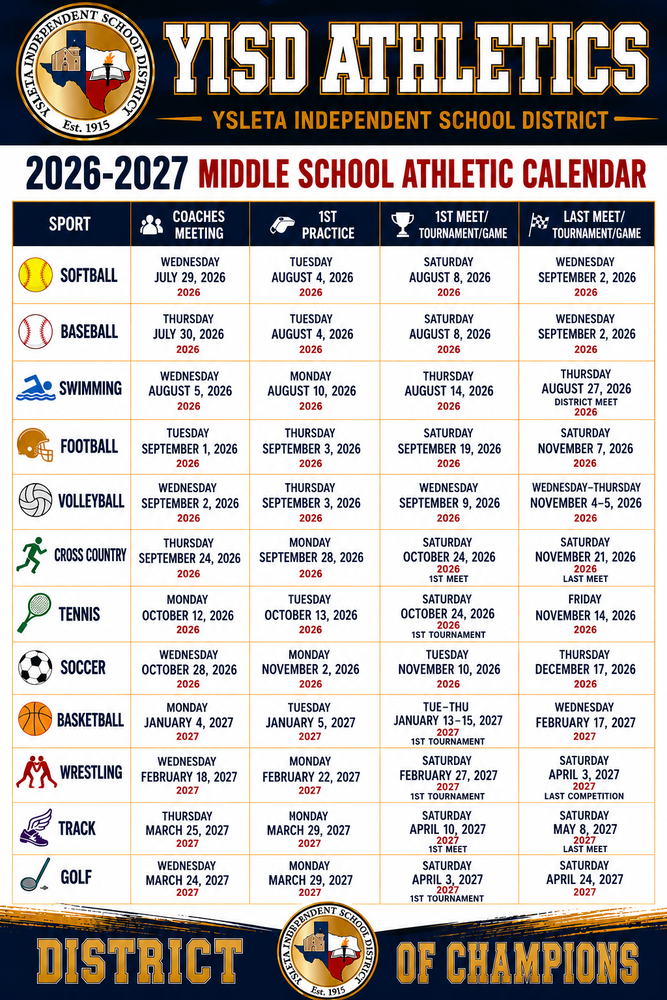Middle School Athletics Calendar