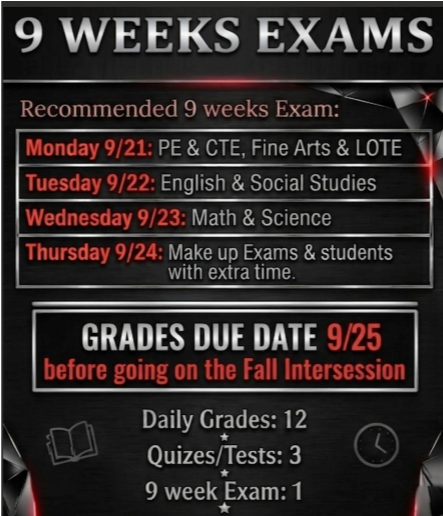 Hanks 9 Weeks Exam Schedule September 21 - 24
