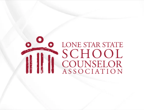 Logo for the Lone Star State School Counselor Association in red text set against a white background with subtle grey abstract waves. To the left of the text is a red emblem featuring three stylized human figures linked under an arch.