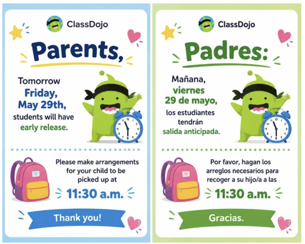 flyer about friday 29th early release.  student will be released at 11:30 a.m.