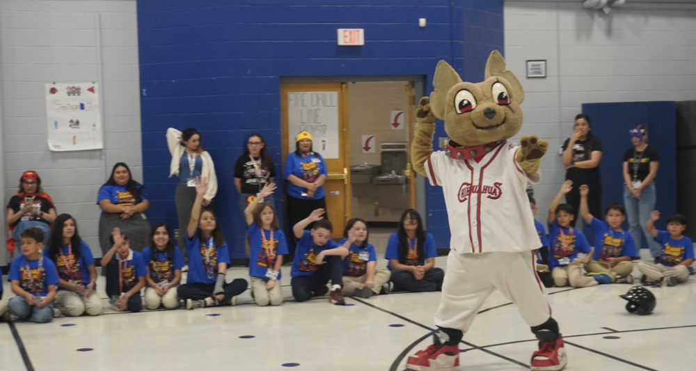 Aztec pep rally with Chico the dog.