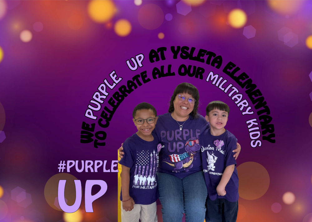 Students pose with a teacher all wearing purple to celebrate the Day of the Military Kid