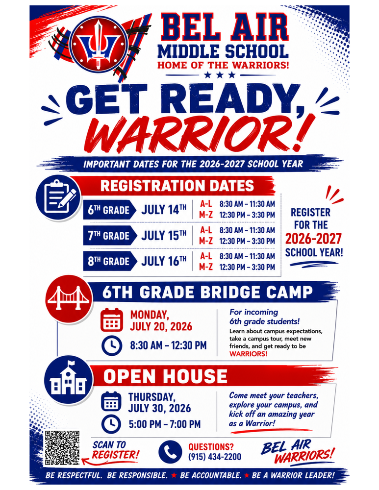 Registration Flyer - July 14th through July 16th at Bel Air Middle School (8:30 am to 3:30 pm)