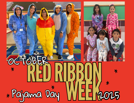 teachers and students pose for pajama day