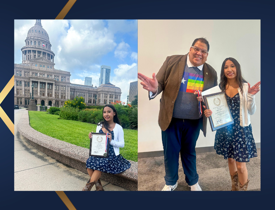A young person sits in front of the Texas State Capitol building holding a framed award and medal.