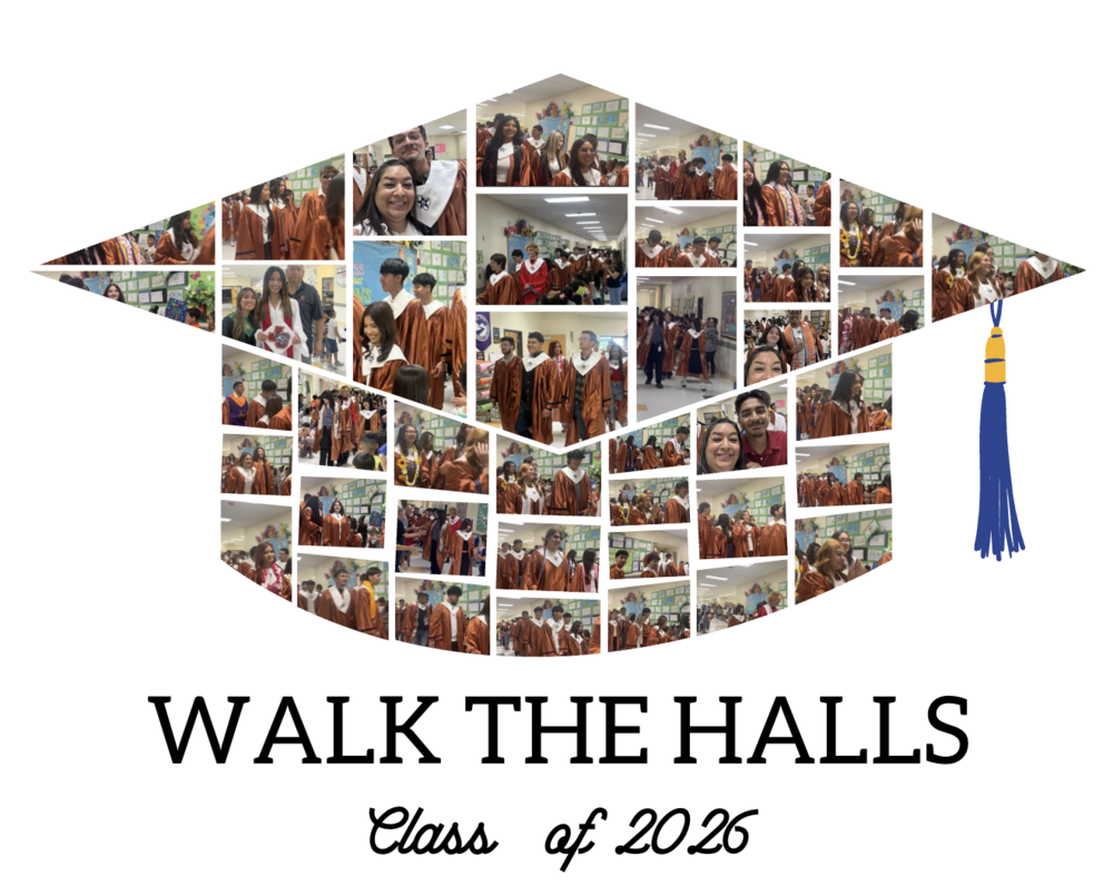 Seniors about to graduate walking the halls at Ramon a STEM academy as kinder thru 5th grade applaud the seniors in ornage gournds ready for gradiuation.