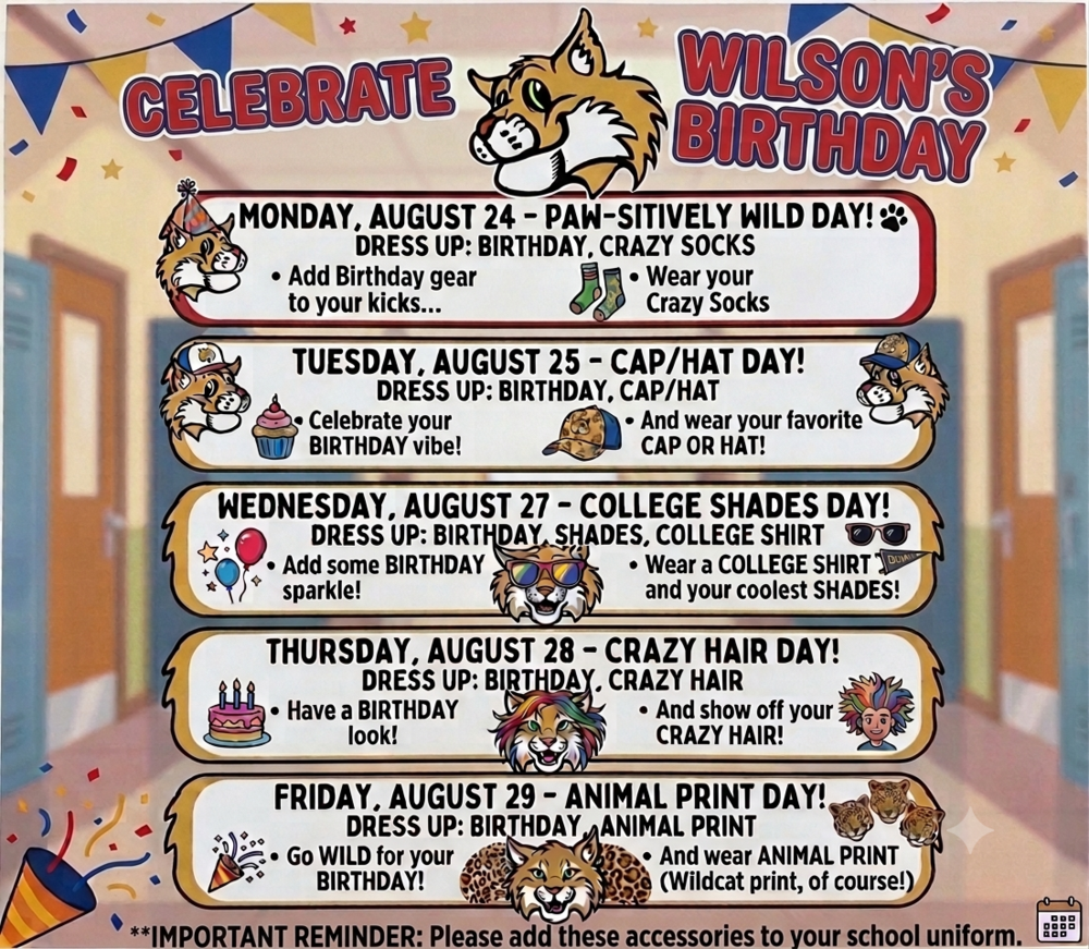Presa Elementary School flyer for Spirit Week celebrating Wilson's Birthday from August 24–29 with themed dress-up days: Crazy Socks, Cap/Hat Day, College Shirts with Shades, Crazy Hair Day, and Animal Print Day.