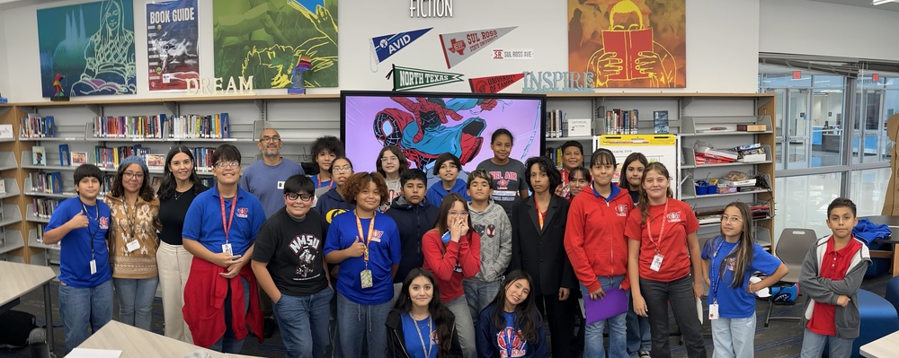 Student group photo with Illustrator Zeke Pena