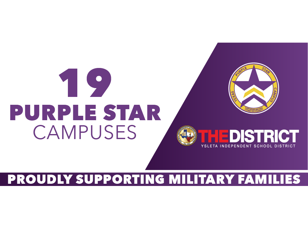 Graphic showing 19 Purple Star Campuses with Ysleta ISD and Purple Star logos, and text The District Proudly Supporting Military Families in bold purple and white colors.