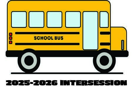 An illustration of a yellow school bus with the words "SCHOOL BUS" written on the side. Below the bus, the text reads "25-2026 INTERSESSION" in bold black letters.