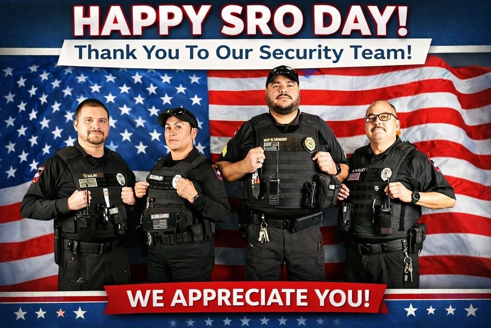Promotional graphic for Happy SRO Day featuring four Ysleta High School Security Resource Officers standing shoulder-to-shoulder in black tactical vests and uniforms, equipped with radios, badges, and gear. They pose confidently in front of a large American flag background. Bold white and red text at the top reads "HAPPY SRO DAY!" with "Thank You To Our Security Team!" below. A red banner at the bottom says "WE APPRECIATE YOU!" surrounded by stars and stripes patriotic design.2.7sFast