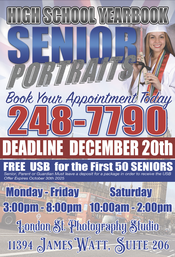 Flyer for Ysleta High School senior portraits, featuring a graduate holding a diploma, with text urging to book appointments at 248-7790 before the December 20th deadline. Offers a free USB for the first 50 seniors with a deposit, expiring October 30, 2025. Located at London St. Photography Studio, 11394 James Watt, Suite 206, open Monday-Friday 3:00 PM-8:00 PM and Saturday 10:00 AM-2:00 PM.