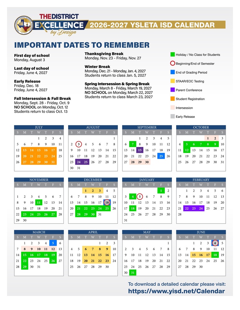 An infographic of the 2026–2027 Ysleta ISD Academic Calendar featuring key dates, holidays, intersessions, testing schedules, and monthly calendar grids from July 2026 through June 2027.