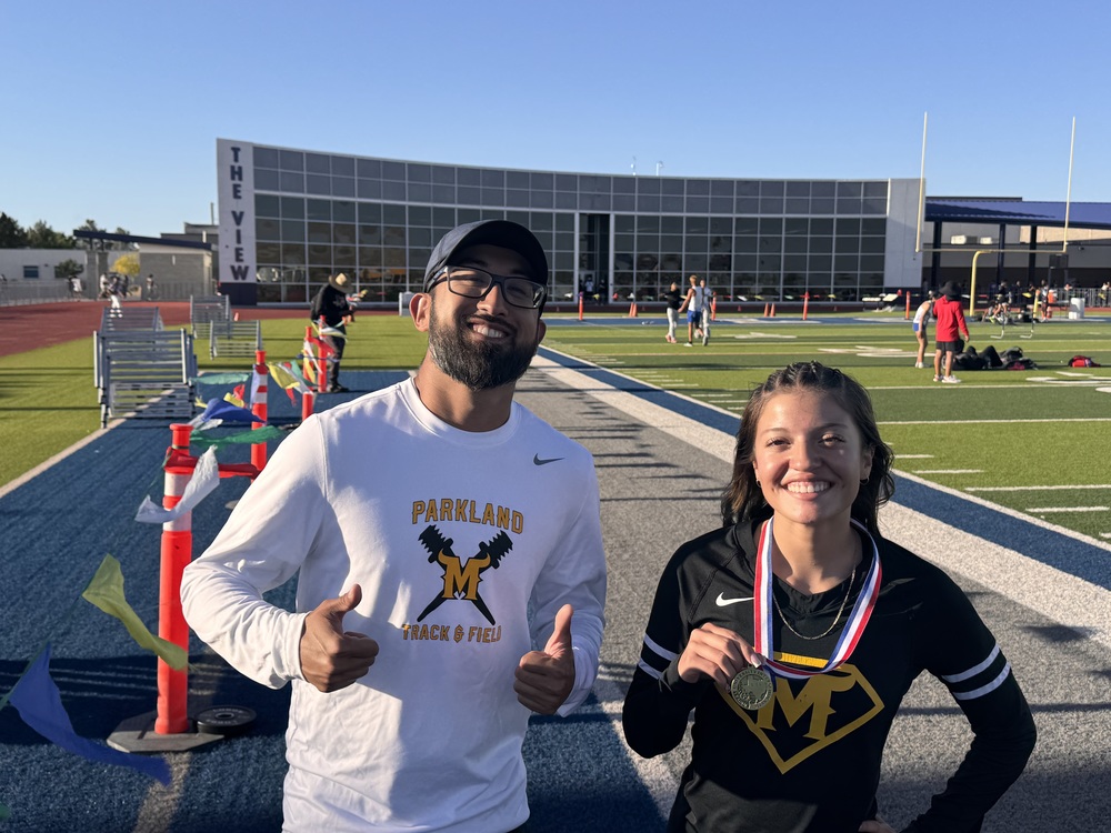 Parkland HS Track Coach McCoy and Hurdler Sophia Balmer Pose For Sophia's Gold Medal Win