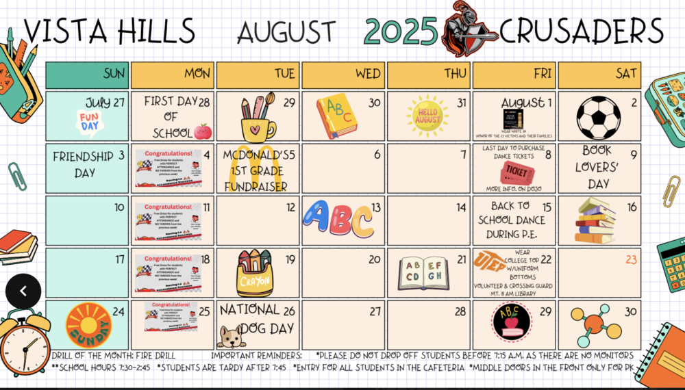Vista Hills August 2025 Crusaders Calendar