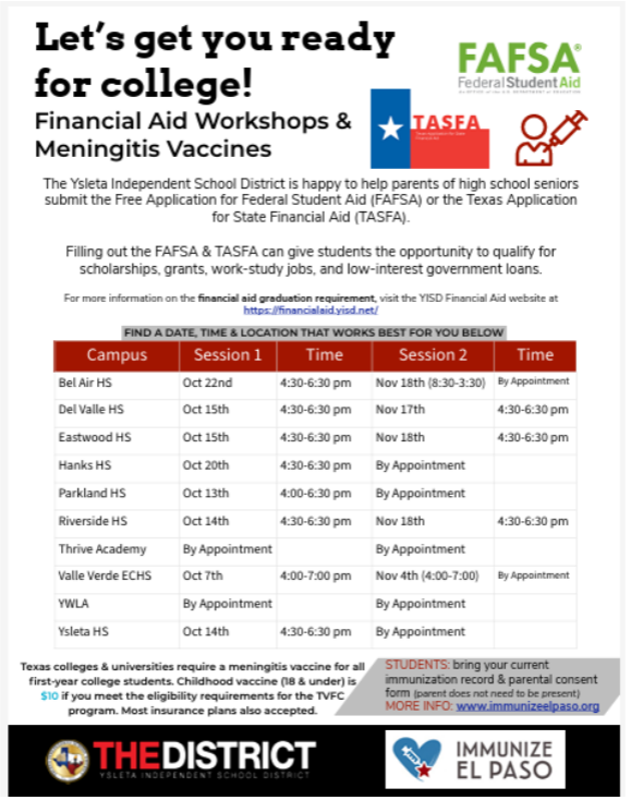 Get Ready for College! Financial Aid Workshops and Meningitis Vaccines Info - Date, Times & Locations