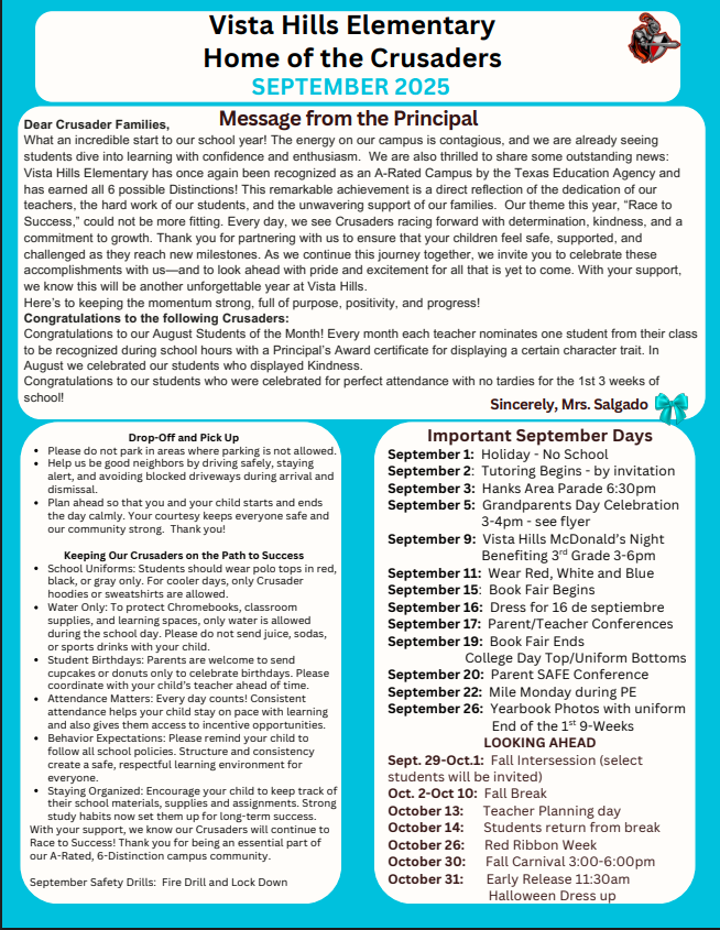 Vista Hills Elementary Home of the Crusaders Message from the Principal