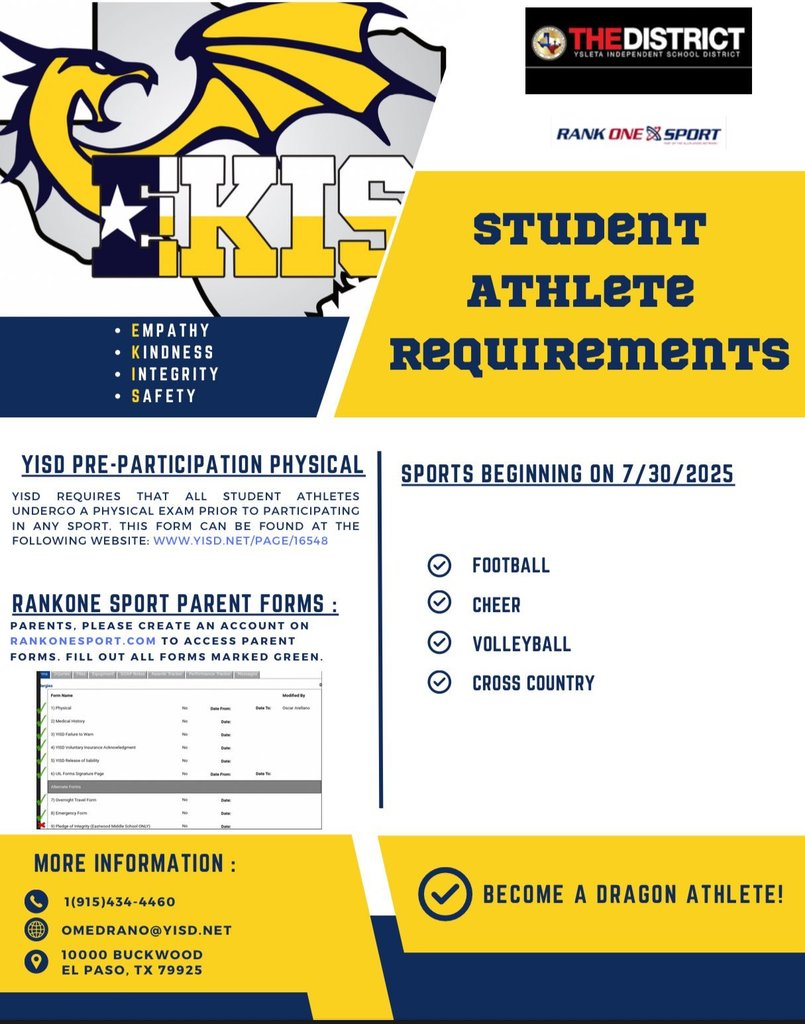Flyer announcing the requirements to participate in sports at EKIS.